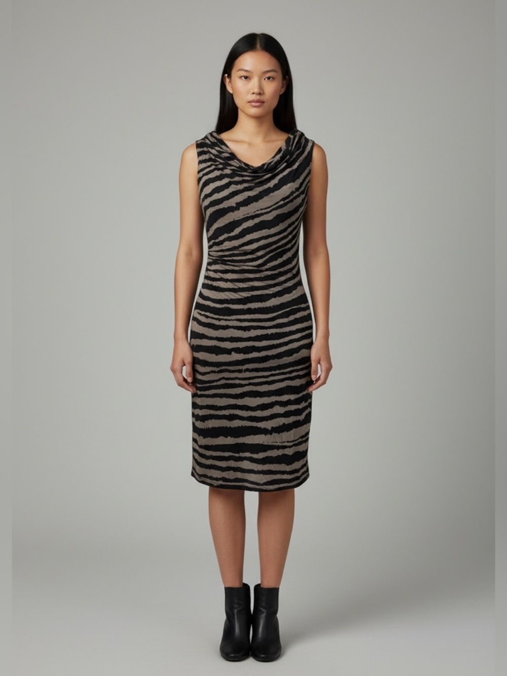 LOFT Black and Tan Animal Print Cowl Neck Sheath Midi Dress